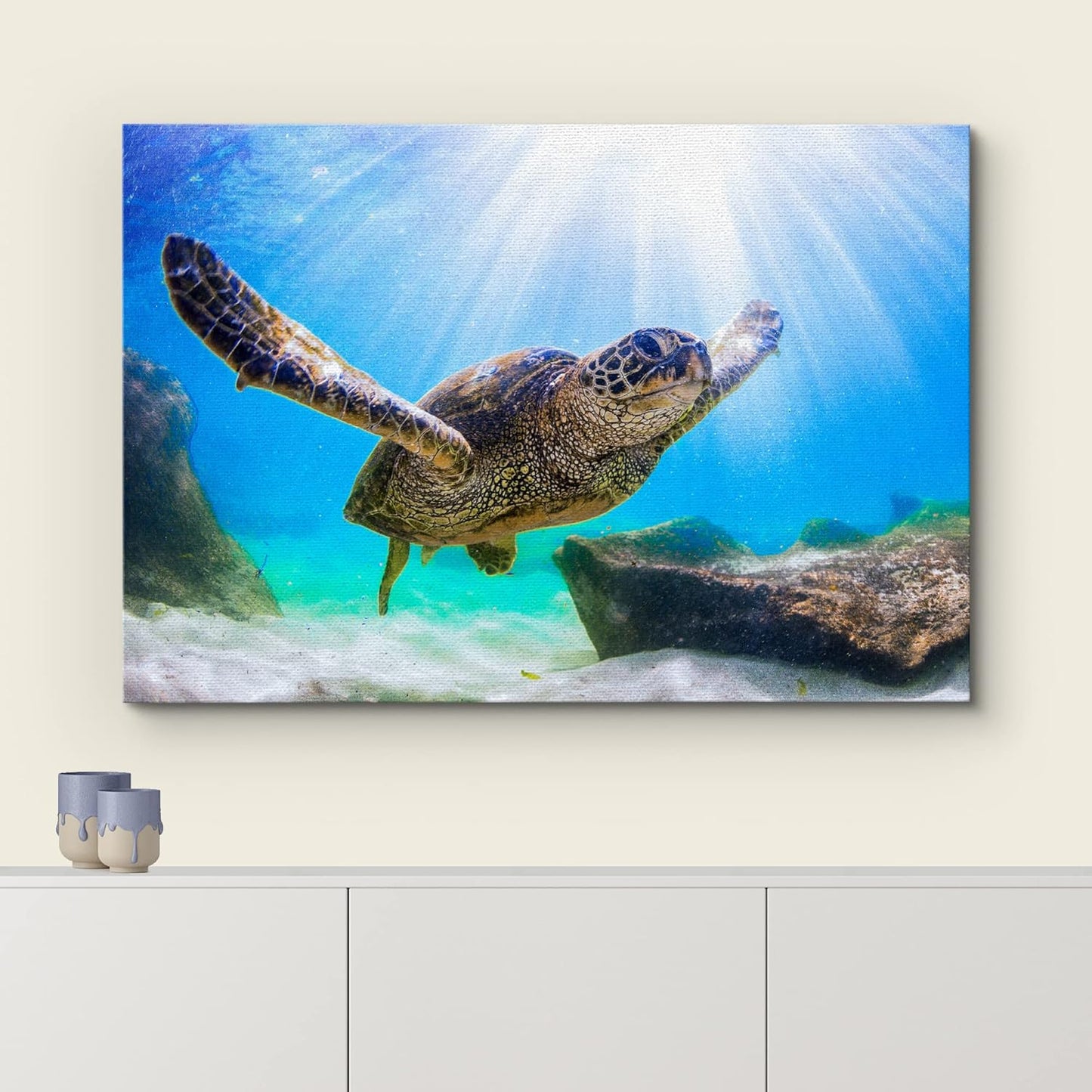 wall26 Canvas Print Wall Art Sunlight Ray Tropical Turtle Swimming Ocean Nature Animals Photography Realism Rustic Scenic Landscape Wilderness Colorful for Living Room, Bedroom, Office - 16"x24"