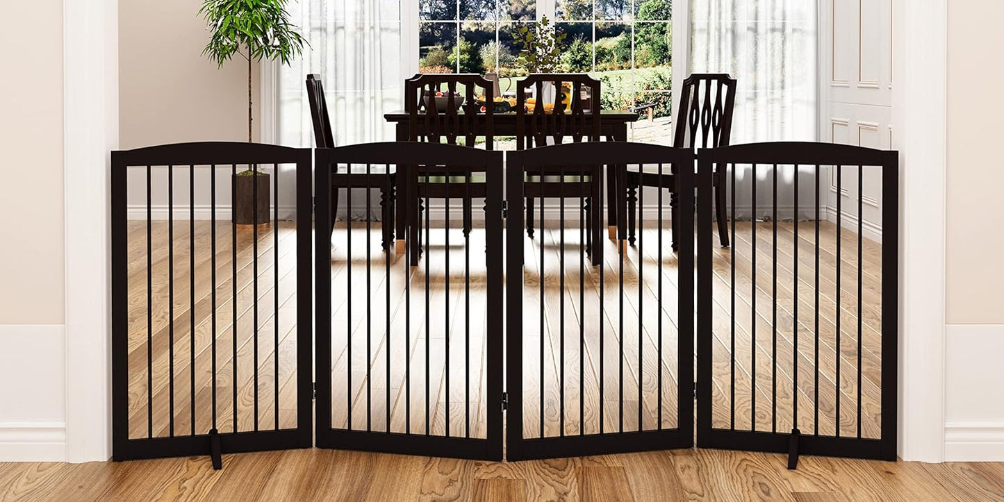 Freestanding Pet Gate for Dogs, Indoor Wooden Foldable Dog Gate for House, Doorway, Stair, 80 Inch Wide, 4 Panels 32",Brown