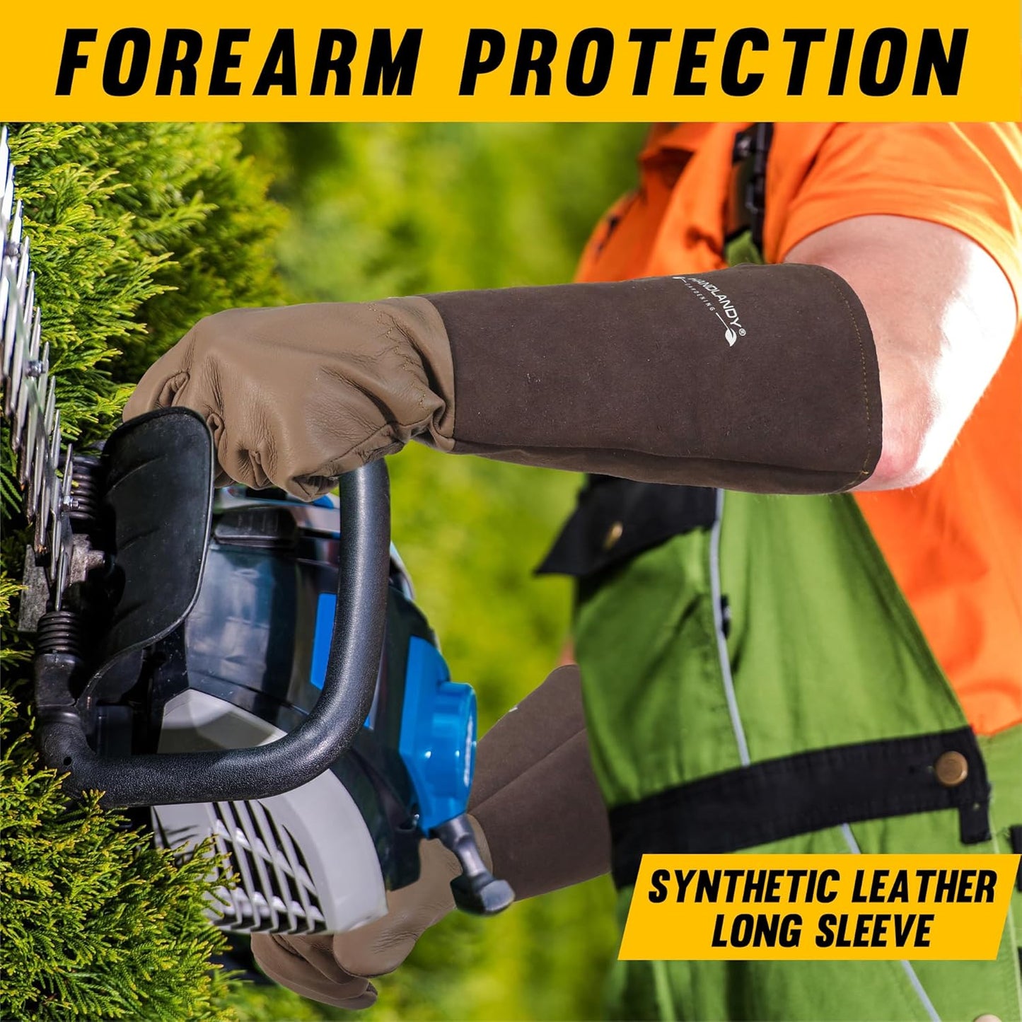 HANDLANDY Long Gardening Gloves for Men & Women, Cowhide Leather Rose Pruning Gloves- Breathable & Durable Gauntlet Glove (Large, Brown)