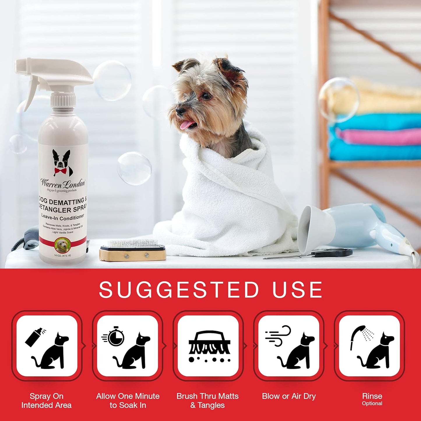 Warren London Dog Dematting & Detangling Spray | Groomer-Formulated Conditioner w/Aloe Vera & Jojoba Oil | Loosens Mats, Knots & Tangles | 16oz | Made in USA