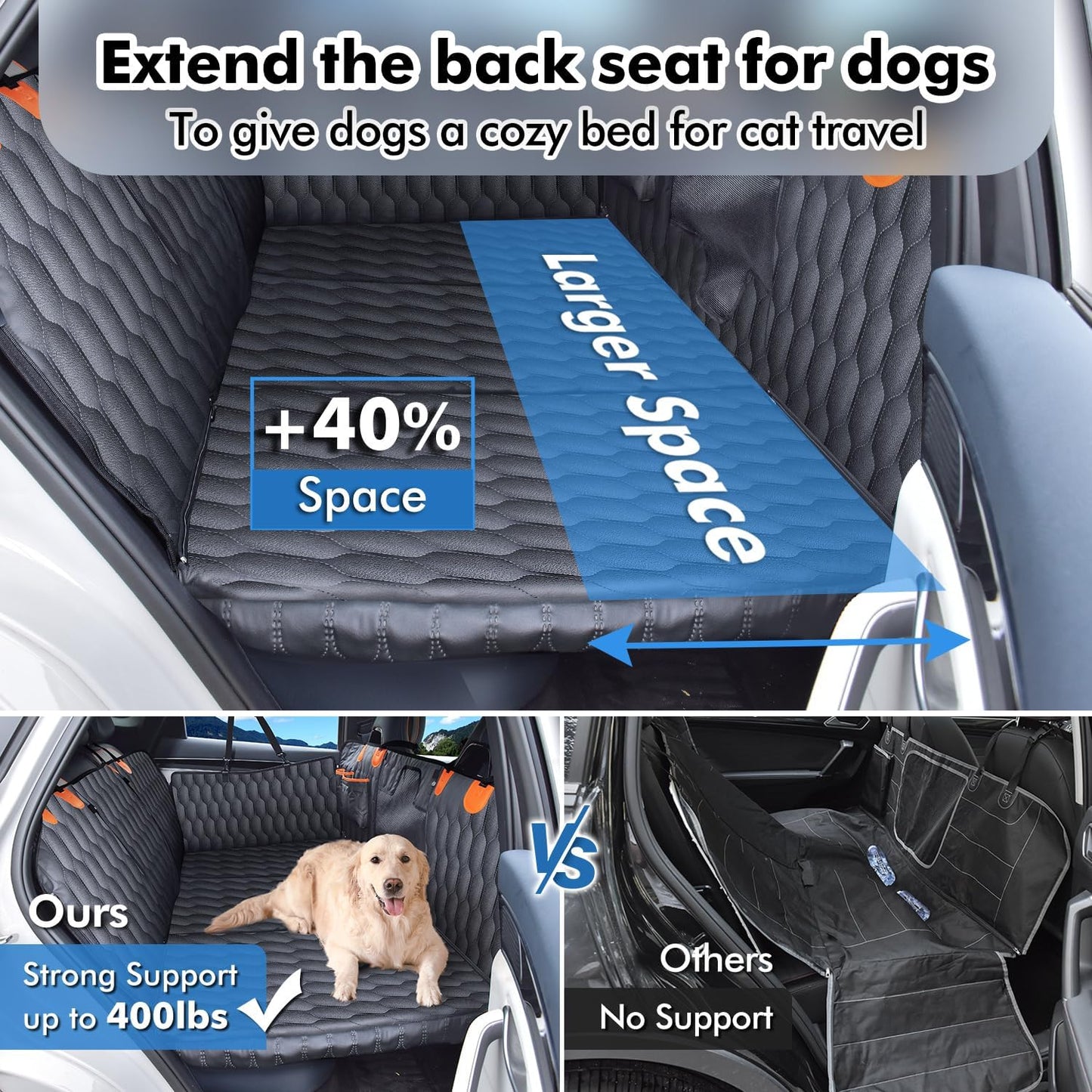 3-in-1 Convertible PU Leather Dog Car Seat Extender & Booster Seat – 400lb Capacity, Waterproof, Hard Bottom, Scratch-Proof Hammock for Cars & SUVs-L