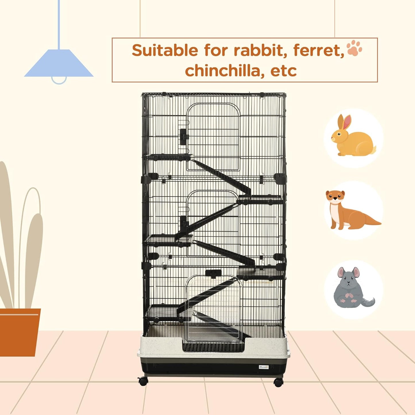 PawHut 59.5" Small Animal Cage with Wheels, 6-Level Portable Bunny Cage, Chinchilla Ferret Cage with Removable Tray, Platform and Ramp
