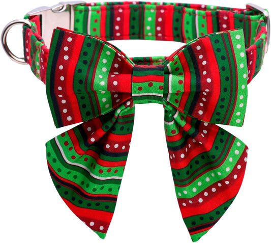 Lionet Paws Christmas Dog Collar with Bowtie, Dog Sailor Bow Collar with Metal Buckle for Dogs, Adjustable Comfortable Dog Collar Girl Gift, L, Neck 16-24 in
