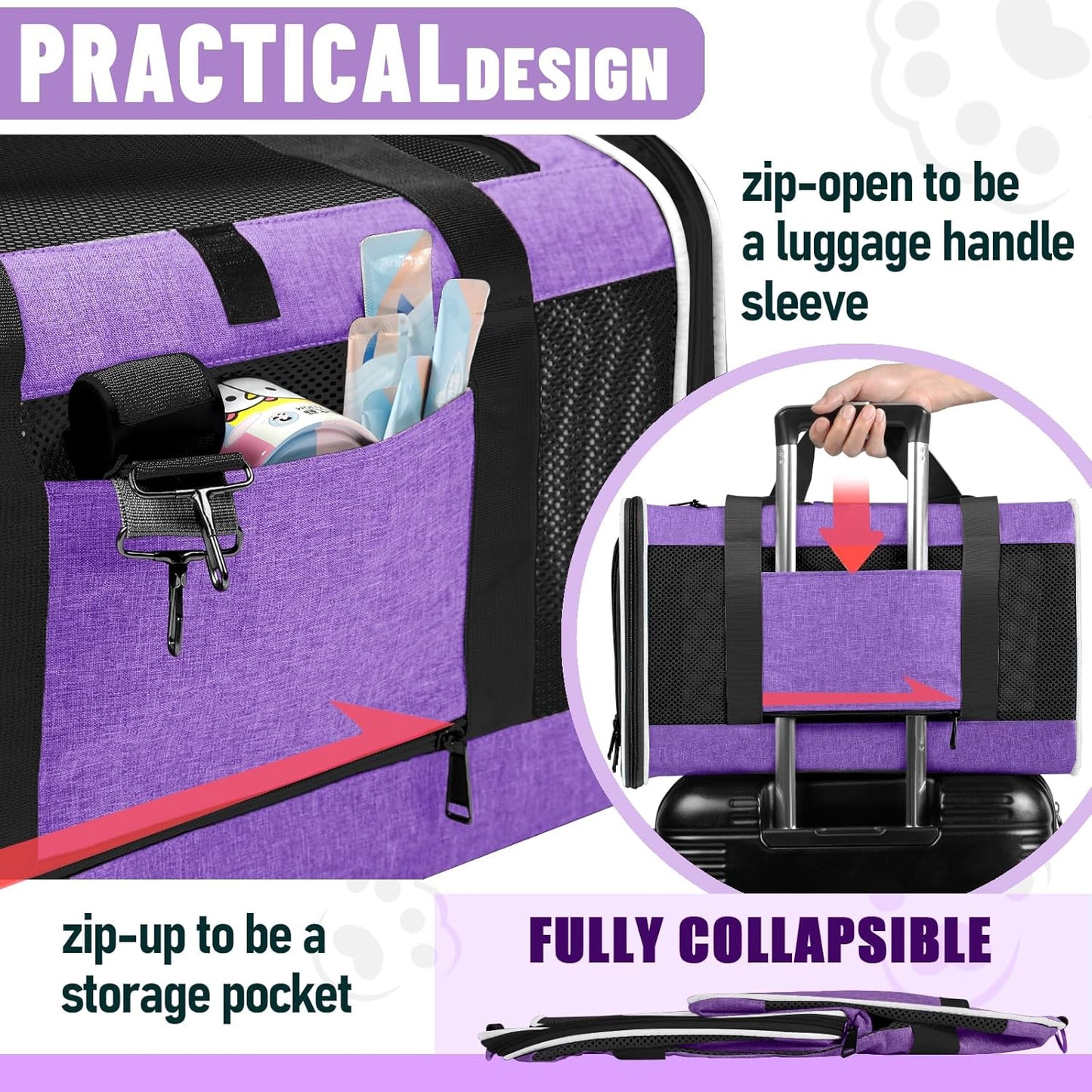 Pet Carrier for Large Cat 20 lbs+ / Soft Sided Small Dog 12 Pounds Travel Crate Top Load/Collapsible Kitty Carry Bag Big Kitten Mesh/Sturdy Animal Transport cage Kennel Long Trips Purple