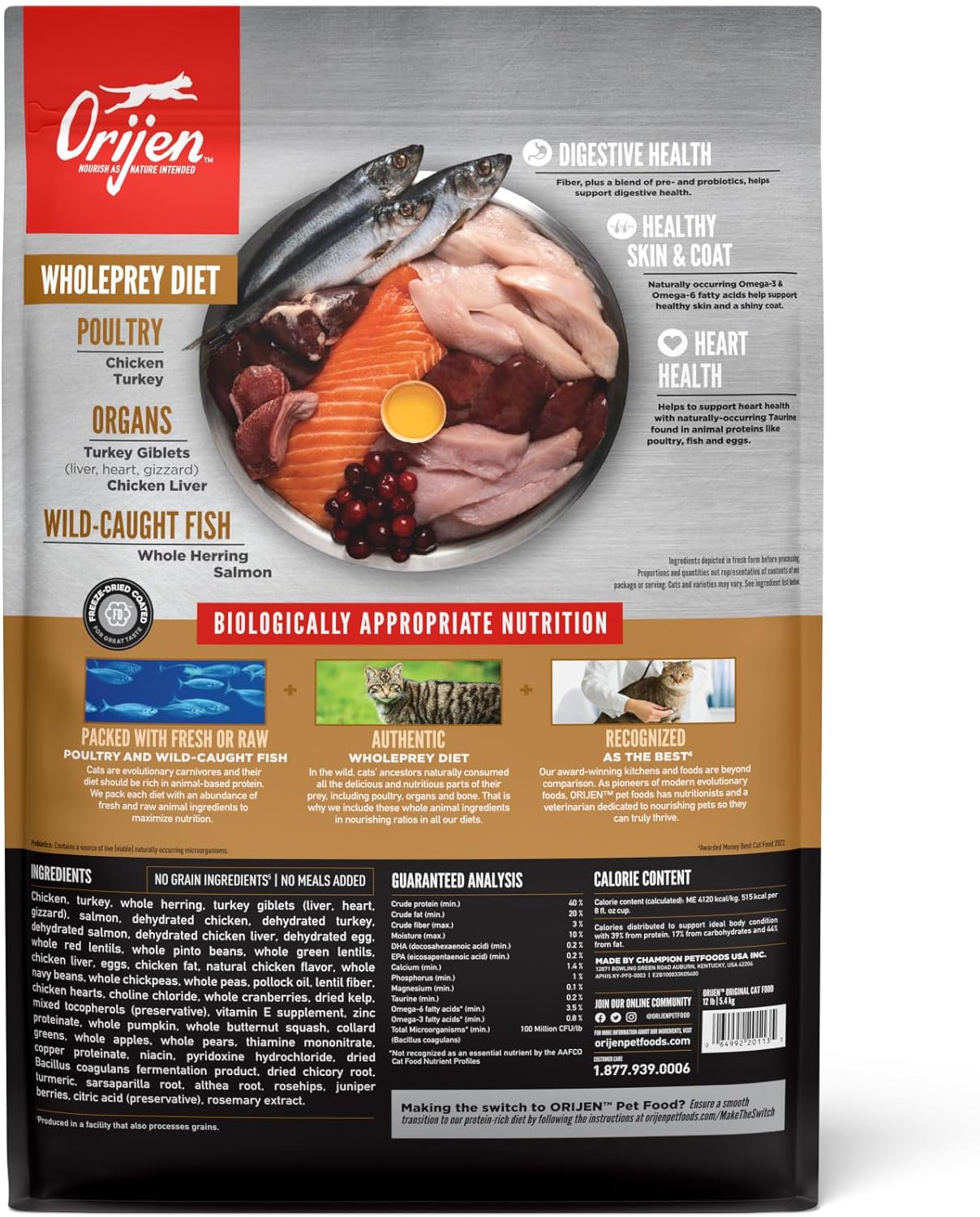 ORIJEN Grain Free High Protein Premium Dry Cat Food Original Recipe 12lb Bag