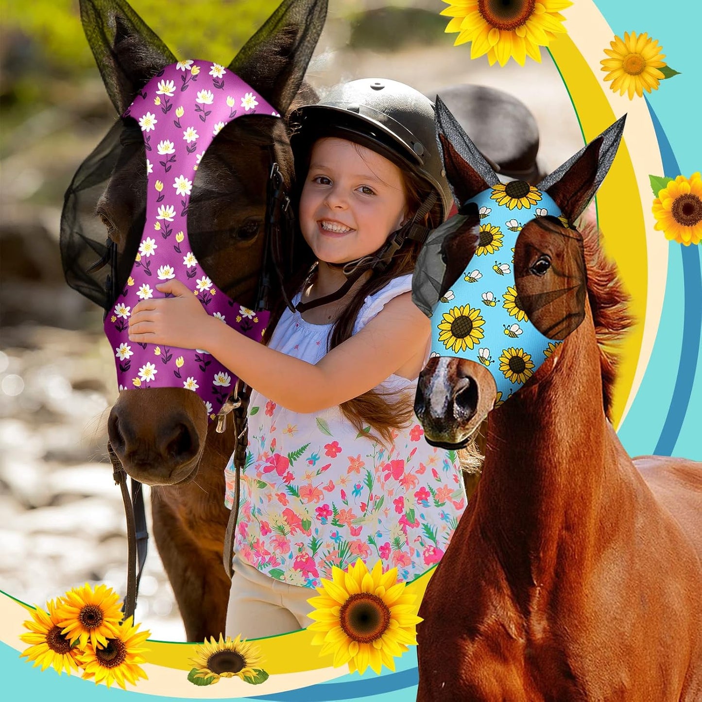 Frienda 4 Pieces Horse Fly Masks with Ears Face Covering UV Protection from Insect Pests Elasticity Smooth Comfortable Mesh Horse Mask Accessories(Flower,Medium)
