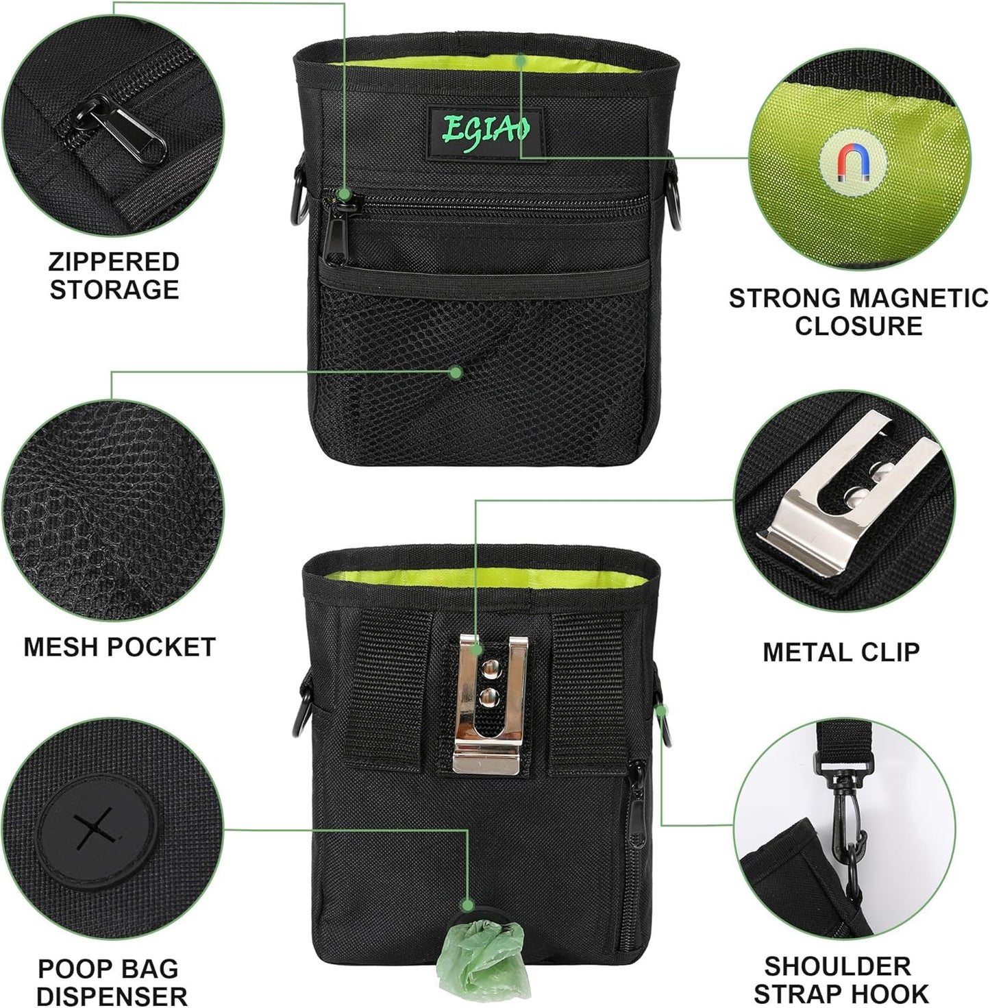 Dog Treat Pouch with Collapsible Dog Bowl, Training Clicker and Poop Bags, Treat Pouches for Pet Training, Built-in Poop Bag Dispenser, Waist Belt Clip, Puppy Treat Pouch Magnetic Closure - Black