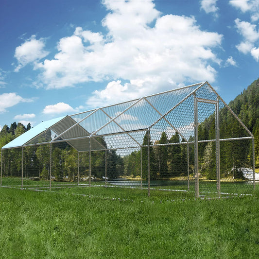 1.26’’ Large Metal Chicken Coop Walk in, Chicken Pen for Chickens, Outdoor Chicken Runs Coops Dog Kennel, Spire Roofed Chicken Runs for Yard with Anti-Ultraviolet Cover (9.8’Lx26.2’Wx6.4’H)
