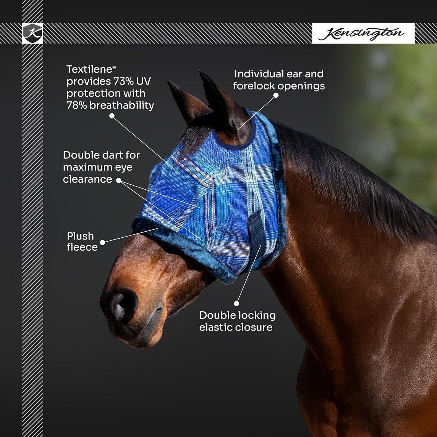 Kensington UV Fly Mask with Fleece Trim - Protective Mask with Dual Ear Opening & Forelock Freedom - Size: Small Color: 121-Deluxe Black