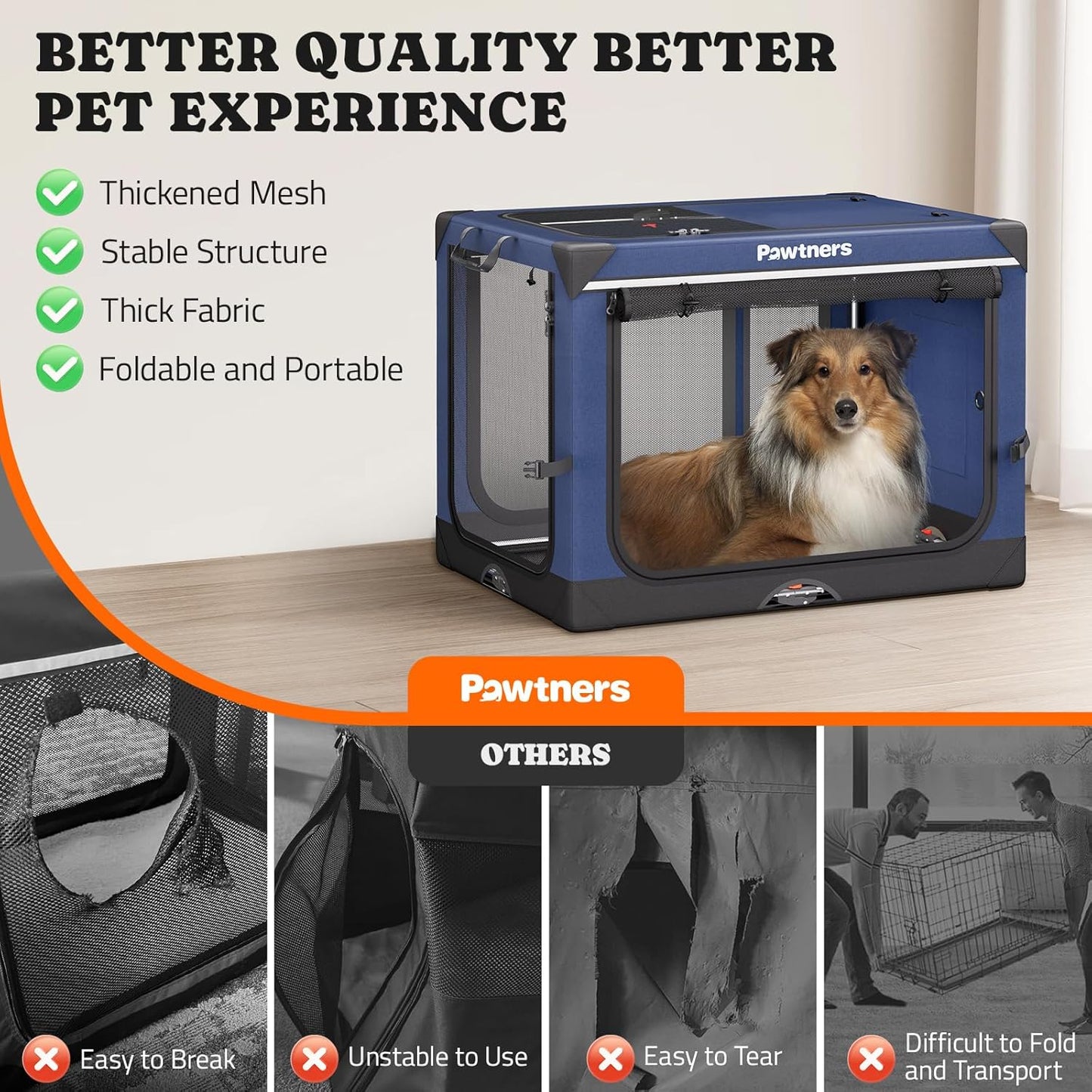Collapsible Dog Crate: 38 Inch Foldable Soft Sided Dog Crate for Large Dogs, Portable Dog Travel Kennel with Soft Mat for Indoors & Outdoors, Blue (38" L x 27" W x 27" H)