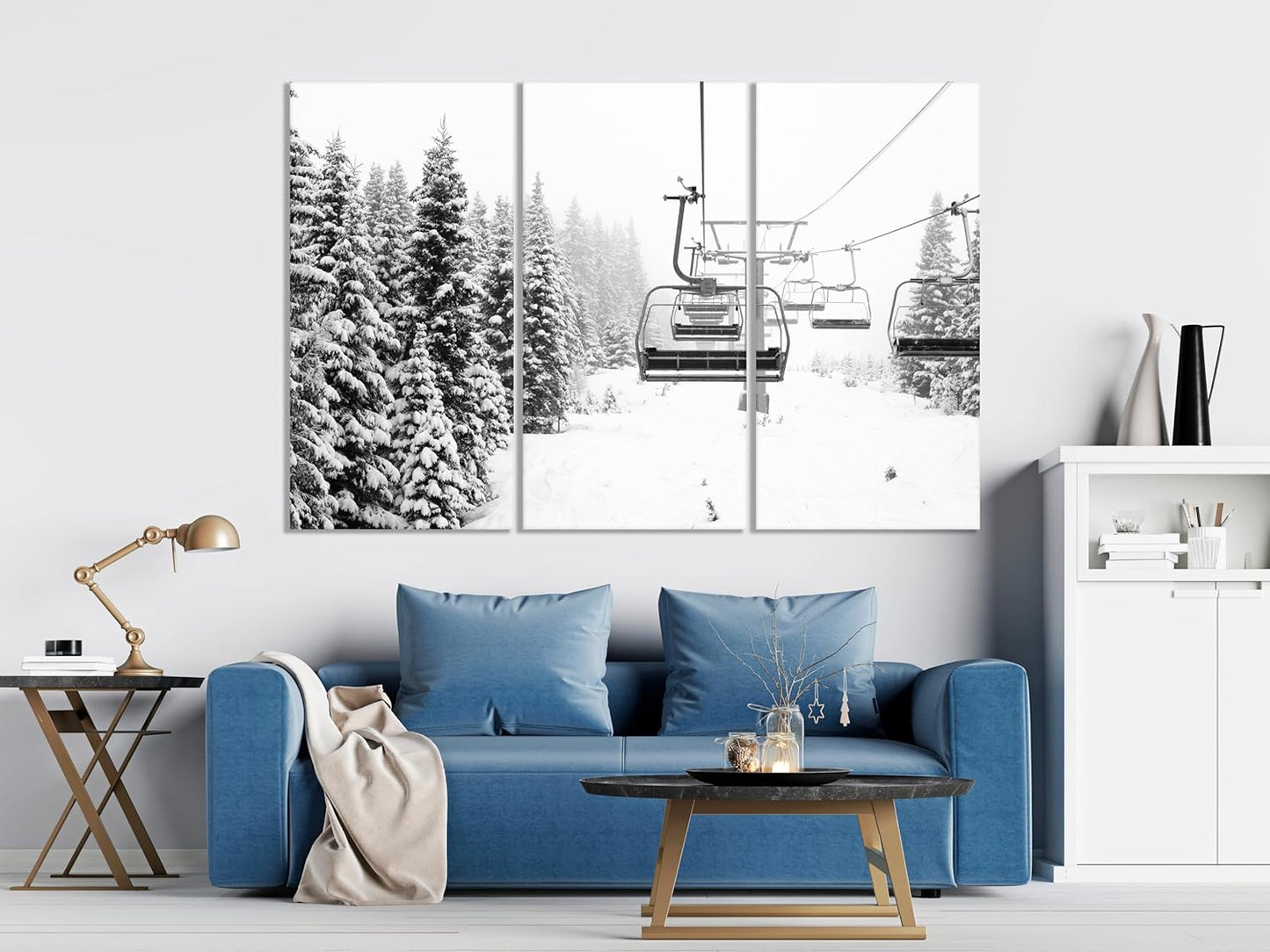 Nature Wall Art Prints - Ocean Forest Mountain Lake Canvas Landscapes - Small to Extra Large Living Room Bedroom Kitchen Bathroom Décor (Ski Lift on Snowy Mountain, 55L" x 83W"- 3 Panels)