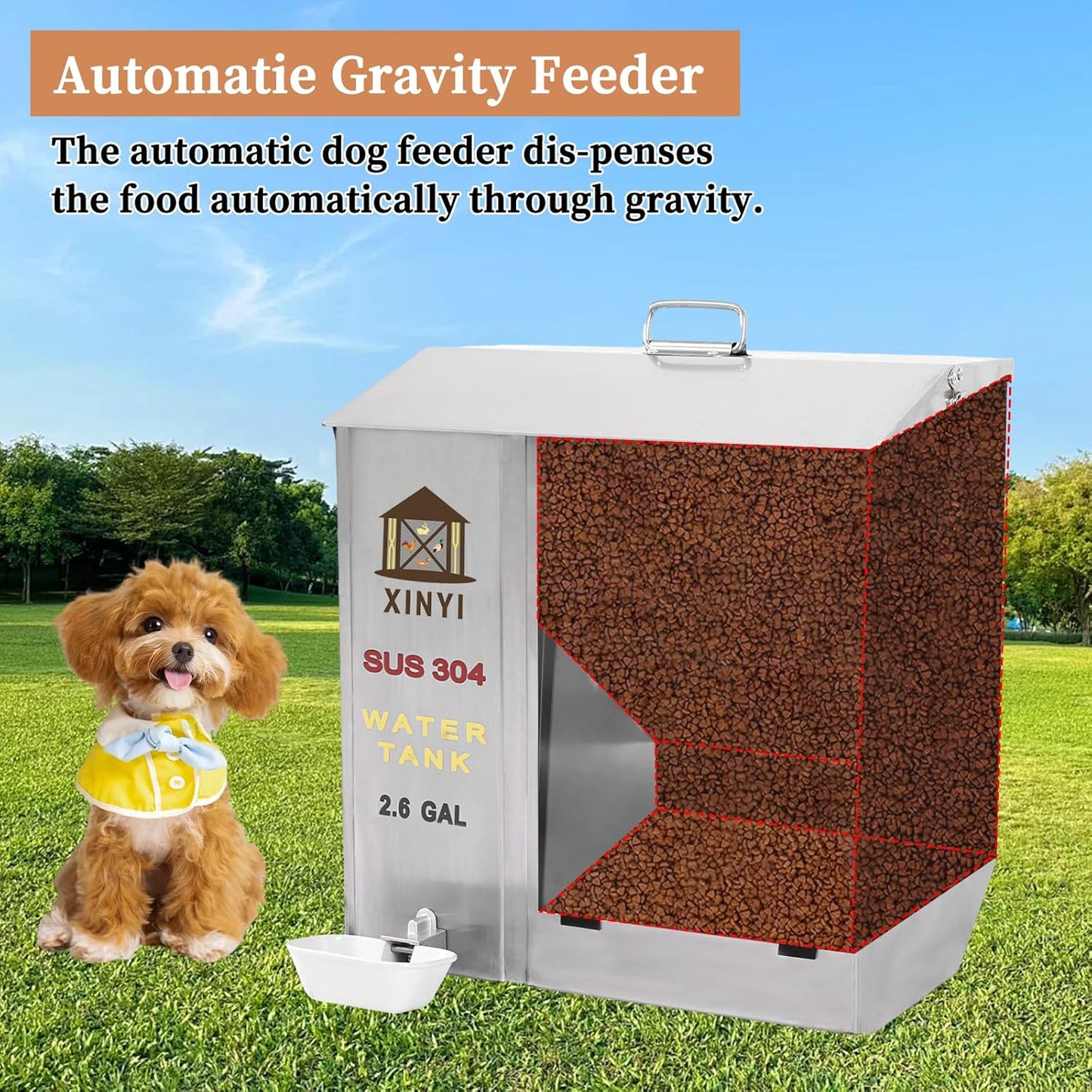 XINYI Automatic Dog Feeder and Waterer 2-in-1,SU304 Stainless Steels 2.6 Gallon Water Tank with 1 Aluminum Alloy Water Cup, 3.7 Gallon Dog Food Dispenser,Automatic Feeder for Pets, Breed, Cat