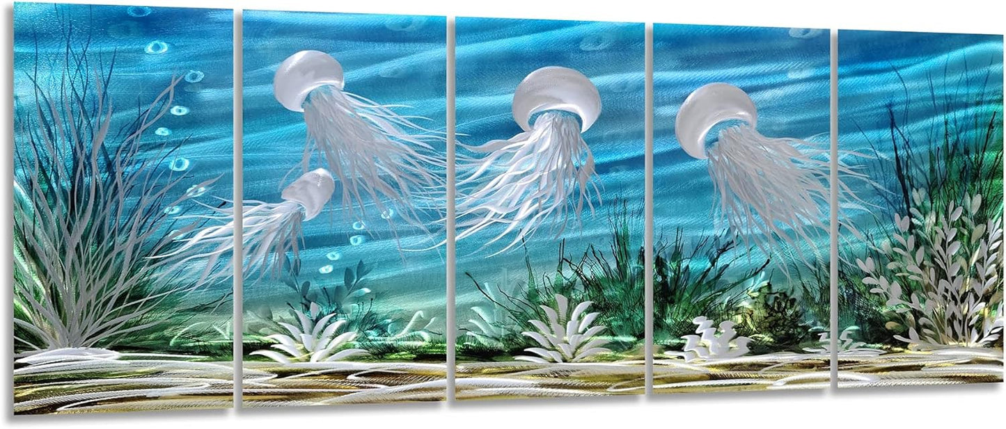 SYGALLERIER Coastal Metal Wall Art Handcrafted 3D Jelly Fish Aluminum Artwork Modern Sea World Pictures Contemporary Abstract Sculpture for Living Room Bedroom Bathroom Decor
