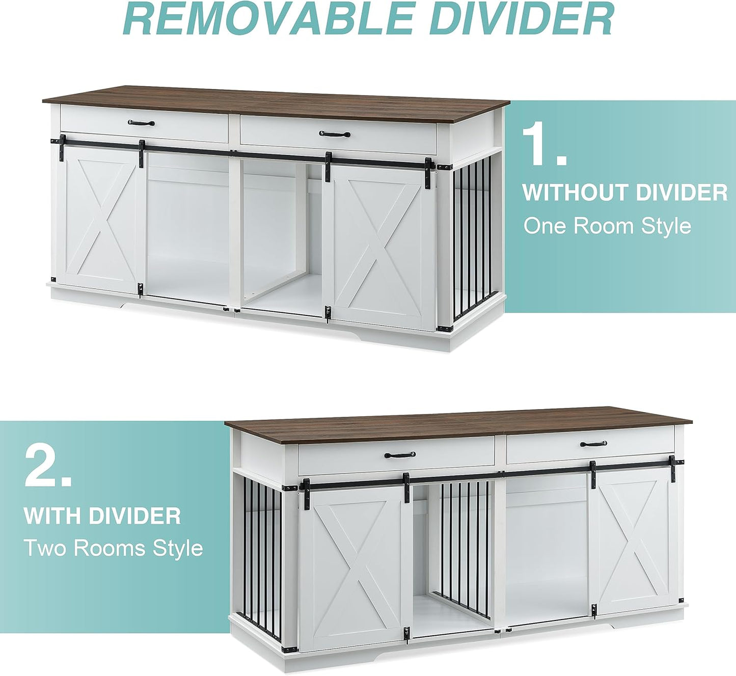 EDYO LIVING 72.5" Large Dog Crate Furniture for 2 Dogs, Wooden Dog Kennel with Drawers, Divider, Sliding Barn Door, Water Resistant Indoor Furniture Style Double Dog Crates, White
