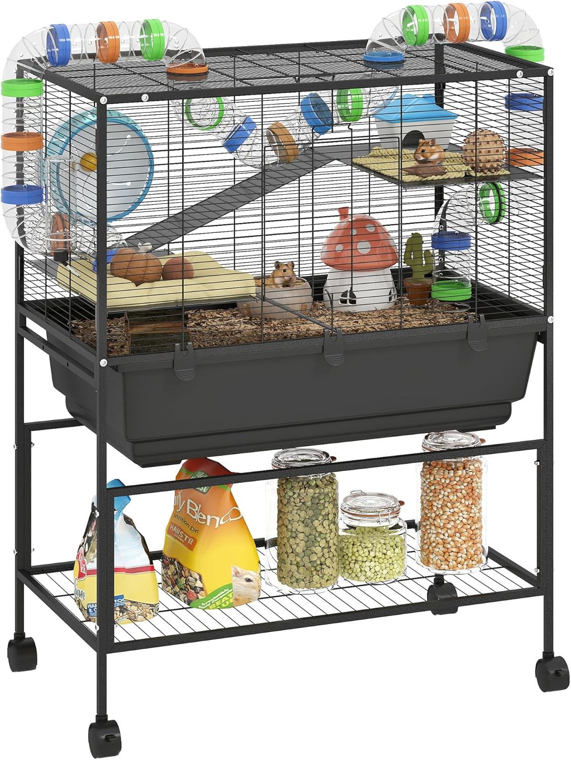 PawHut Hamster Cage with Deep Tray, 3 Tier Rolling Rat Cage with Storage Shelf, Big Exercise Wheel, Tube System, Hut, Platforms, Ramps, Food Dish, Water Bottle, for Syrian, Gerbil, Mouse