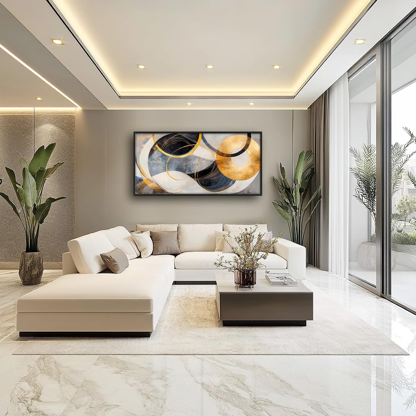 Large Abstract Wall Art for Living Room, Oversized Abstract Circle Wall Decor, Black and Golden Abstract Canvas Painting Modern Artwork Home Decoration for Living Room Bedroom Office Framed 60"x30"