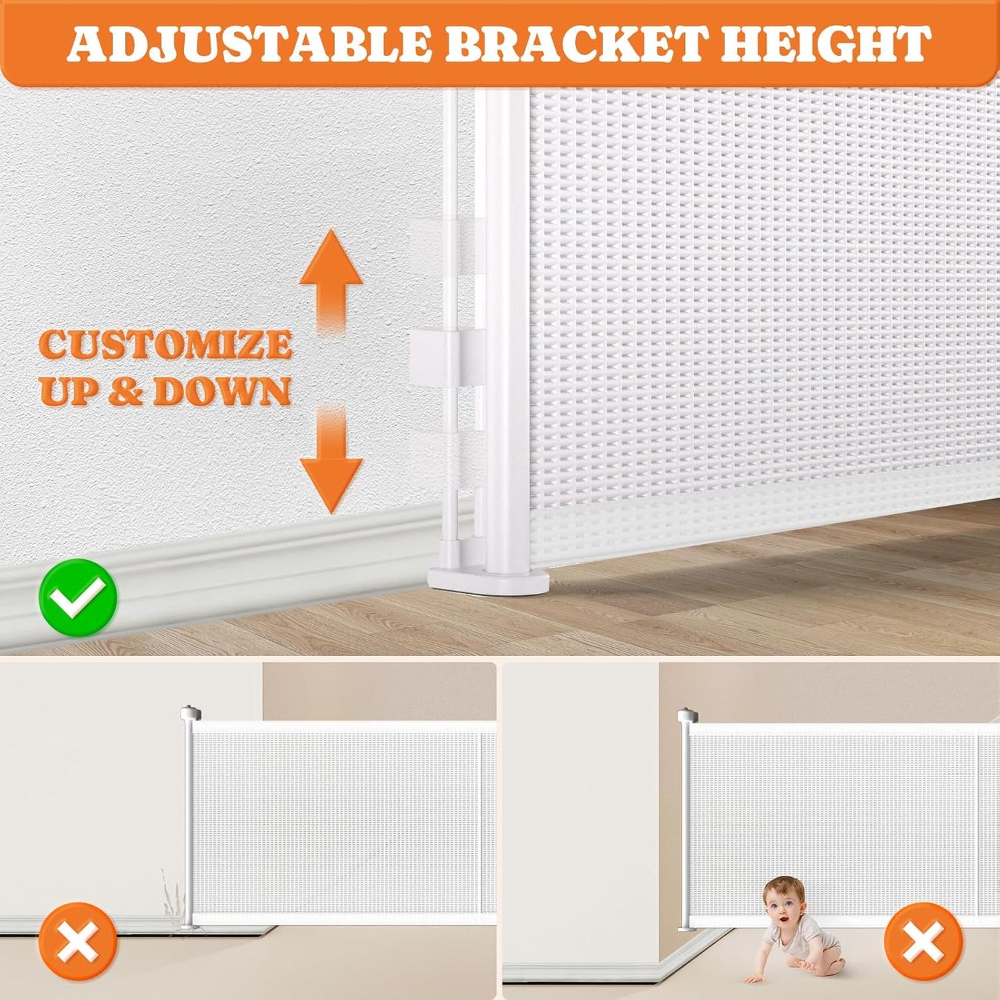 Upgrade Retractable Baby Gates, 35" Tall Extends up to 60" Wide, Mesh Dog Gate Indoor for Stairs, Outdoor Reinforced Pet Gate with Support Rods for Doorways Hallways Kitchen Bedroom, White