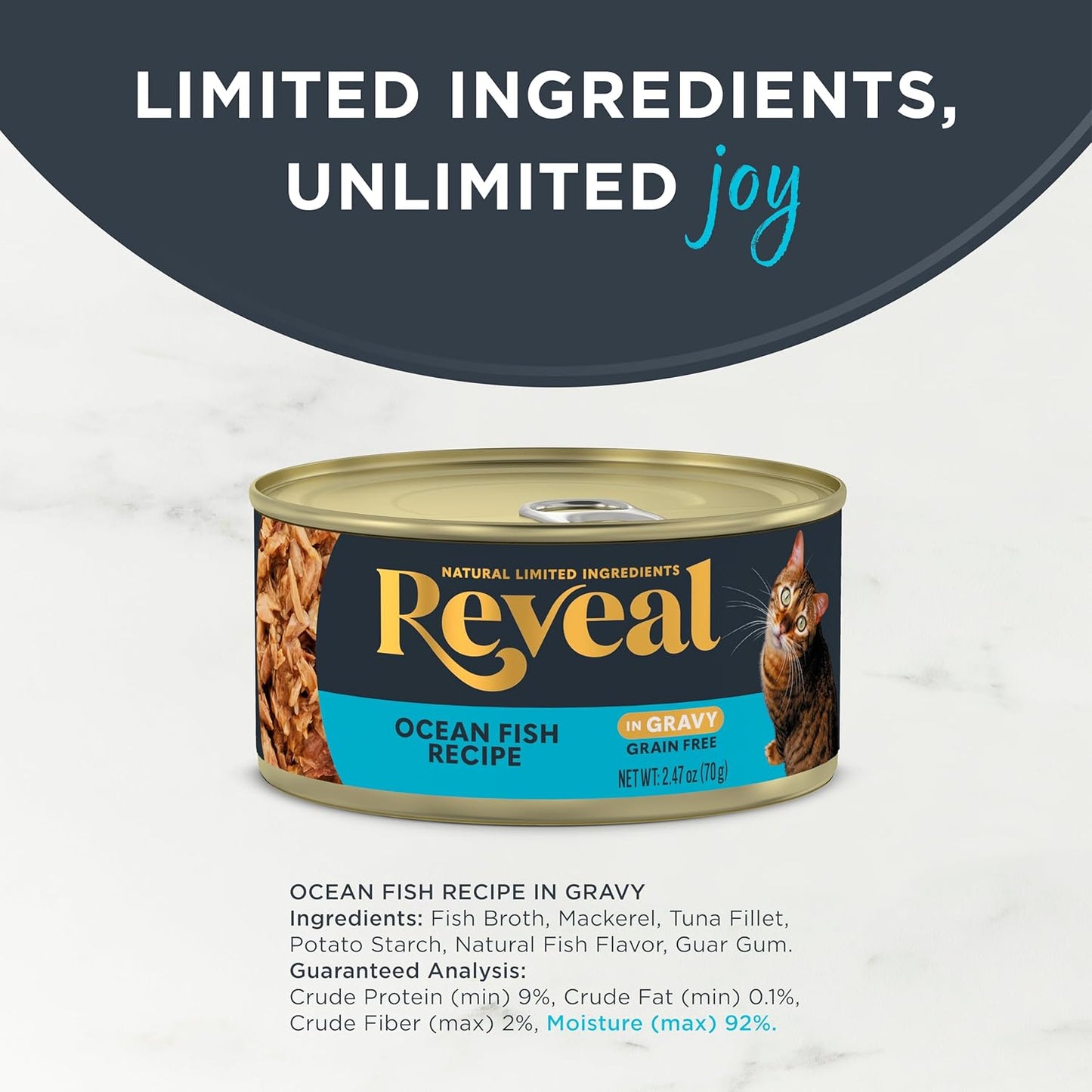 Reveal Natural Wet Cat Food, 24 Count, Grain Free, Limited Ingredient Canned Food for Cats, Ocean Fish in Gravy, 2.47 oz Cans