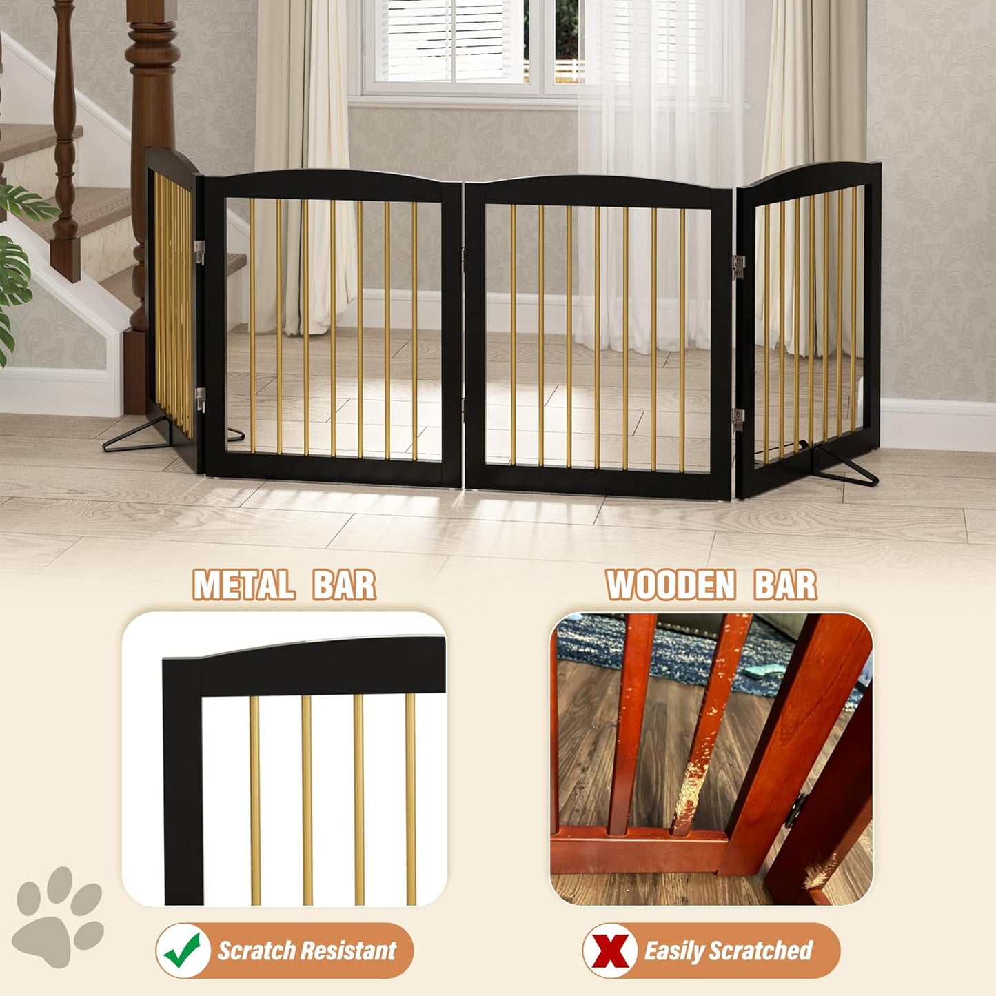 Freestanding Pet Gate for Dogs, Foldable Wooden Dog Gate for House, Indoor Dog Gate for Stairs, Doorways, Step Over Pet Puppy Safety Fence, 80 Inch Wide, 4 Panels 24", Black & Gold