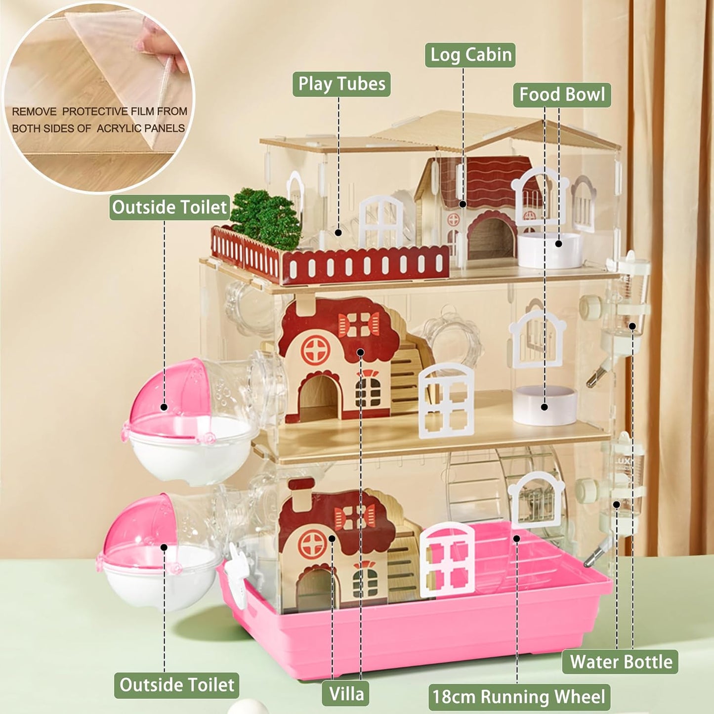 17 in 1 Clear Acrylic Hamster Cage with All Accessories,13.5''L* 10''W* 21''H Dwarf Hamster Cage,Magnetic Connection Small Hamster Enclosure,Garden Style Wooden Mouse Cage for Pet Mice(3-Layer,Pink)