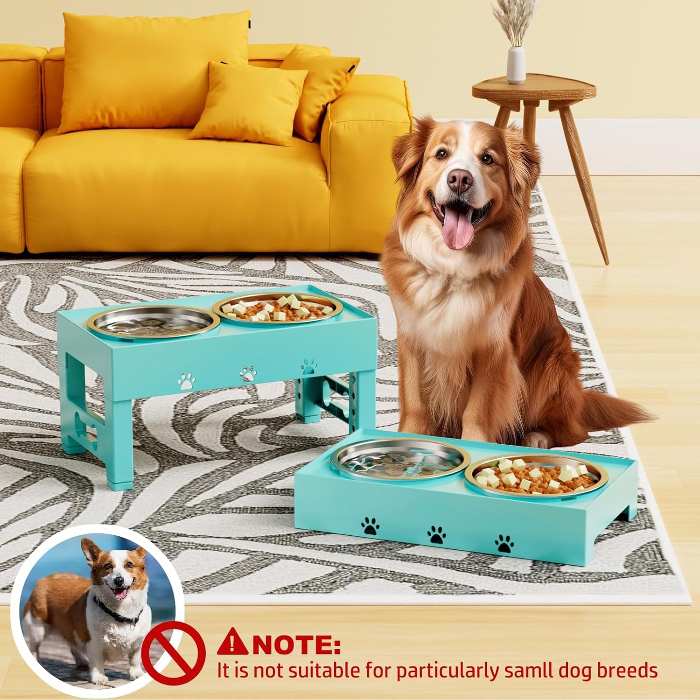 Elevated Dog Bowls with 2 Stainless Steel Bowls, Raised Dog Food Bowl Stand 5 Height Adjustable (3.1", 9", 10", 11", 12") Non-Slip Feeder Set for Medium and Large Dogs - Turquoise
