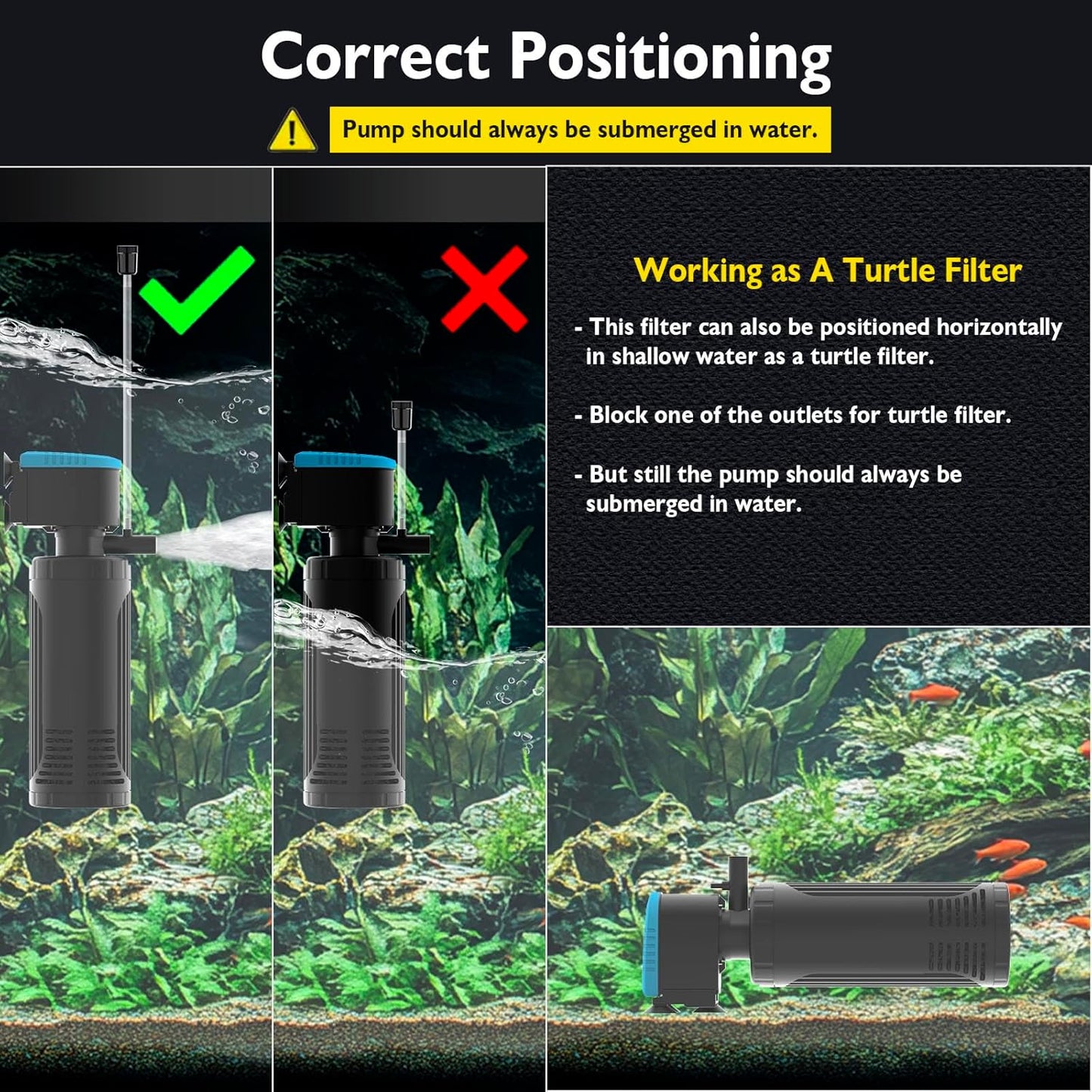 AquaMiracle Submersible Aquarium Filter 3-Stage in-Tank Filter with Dual Water Outlet & Aeration, Water Flow Adjustable 225GPH Internal Fish Tank Filter for 20-70 Gallon Aquariums