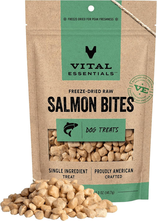 Vital Essentials Salmon Bites Dog Treats, 5 oz | Freeze-Dried Raw | Single Protein | Premium Quality High Protein Training Treats | Grain Free, Gluten Free, Filler Free