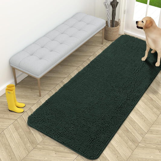 OLANLY Dog Door Mat for Muddy Paws 59x24, Absorbs Moisture and Dirt, Absorbent Non-Slip Washable Doormat, Quick Dry Chenille Mud Mat, Entry Indoor Entryway Carpet for Inside Floor, Blackish Green