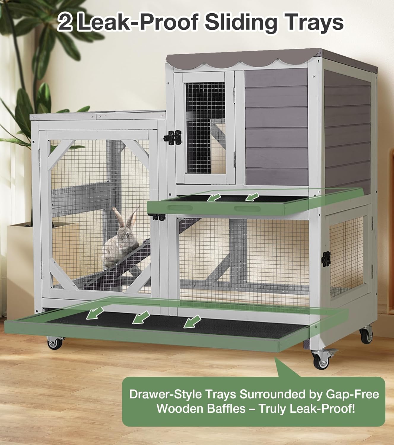 Rabbit Hutch 2-Story Wooden Bunny Cage with 2 Leak-Proof Sliding Trays, Chew-Proof Metal Mesh, Rainproof Cover, Indoor & Outdoor Guinea Pig House with Wheels - Grey