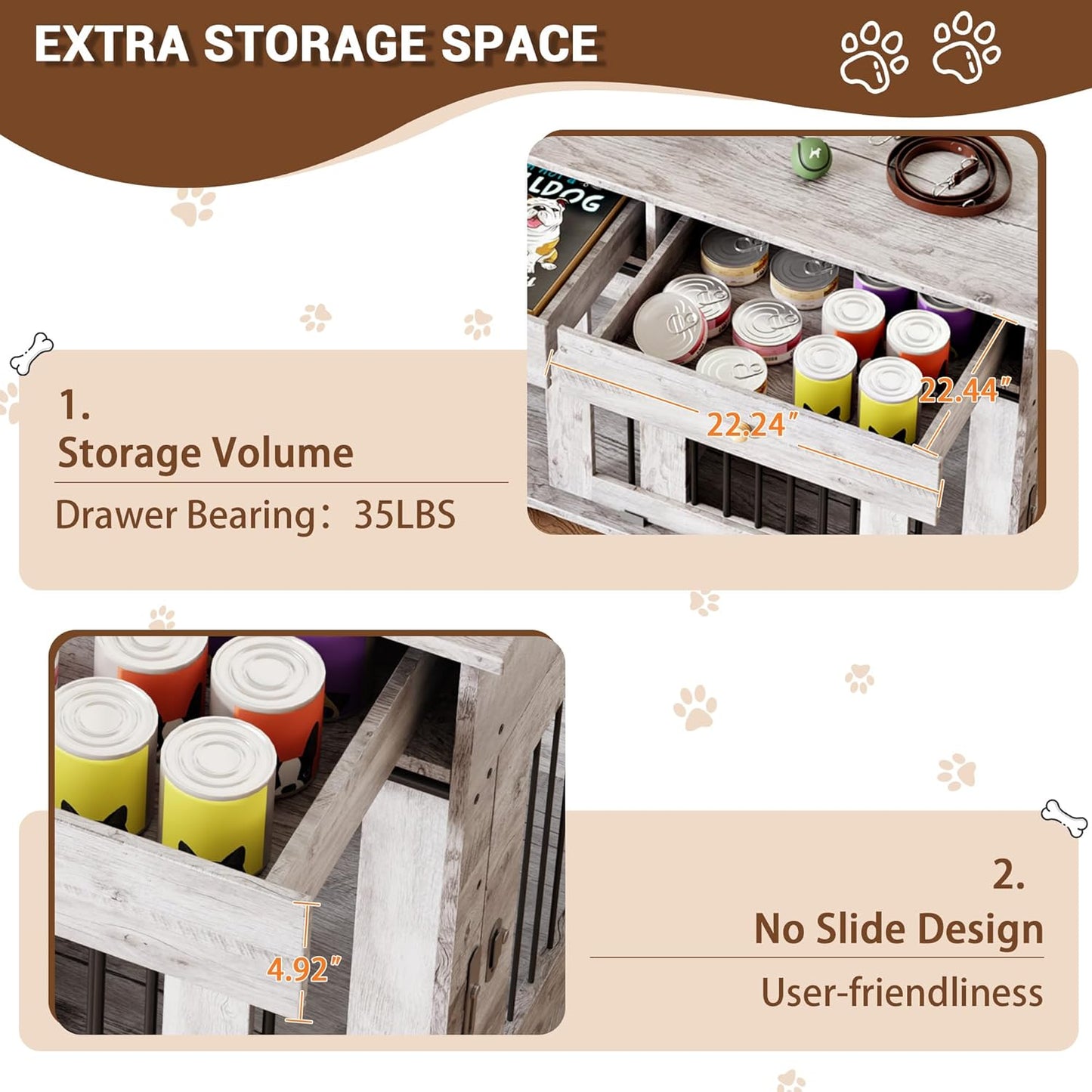 Dog Furniture Crate, 47" Large Dog Crate Furniture w/ 2 Storage Draws & Removable Divider for Large/Medium/Small Dogs (Grey, Double Cage)