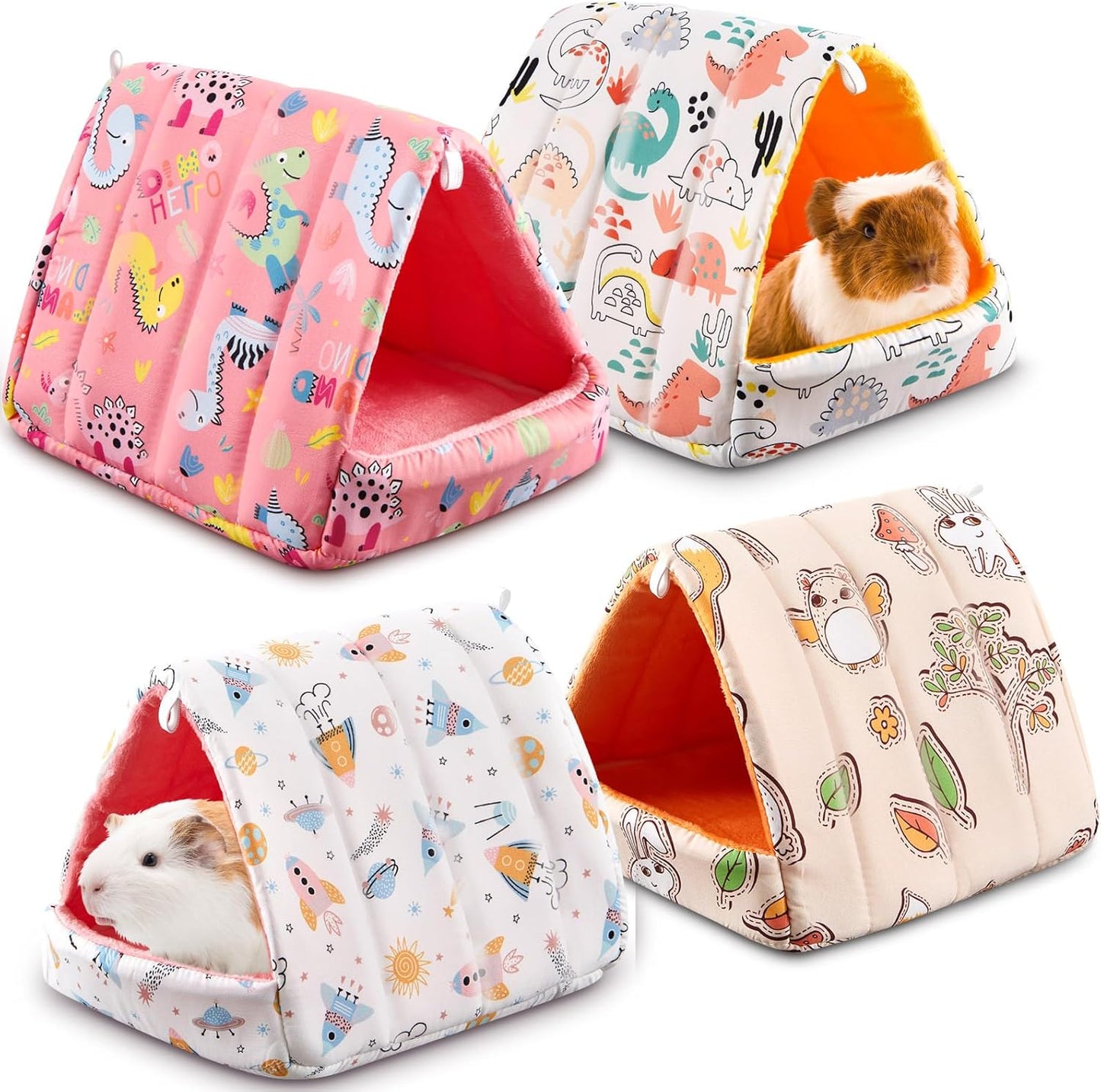 4 Pcs Guinea Pig Hideout, Guinea Pig Bed Tunnel, Rabbit Washable Small House Cage Accessories for Bunny Hedgehog Mouse Chinchillas Hamsters Ferrets Bearded Dragons Rats(Cartoon, 7.9 in)