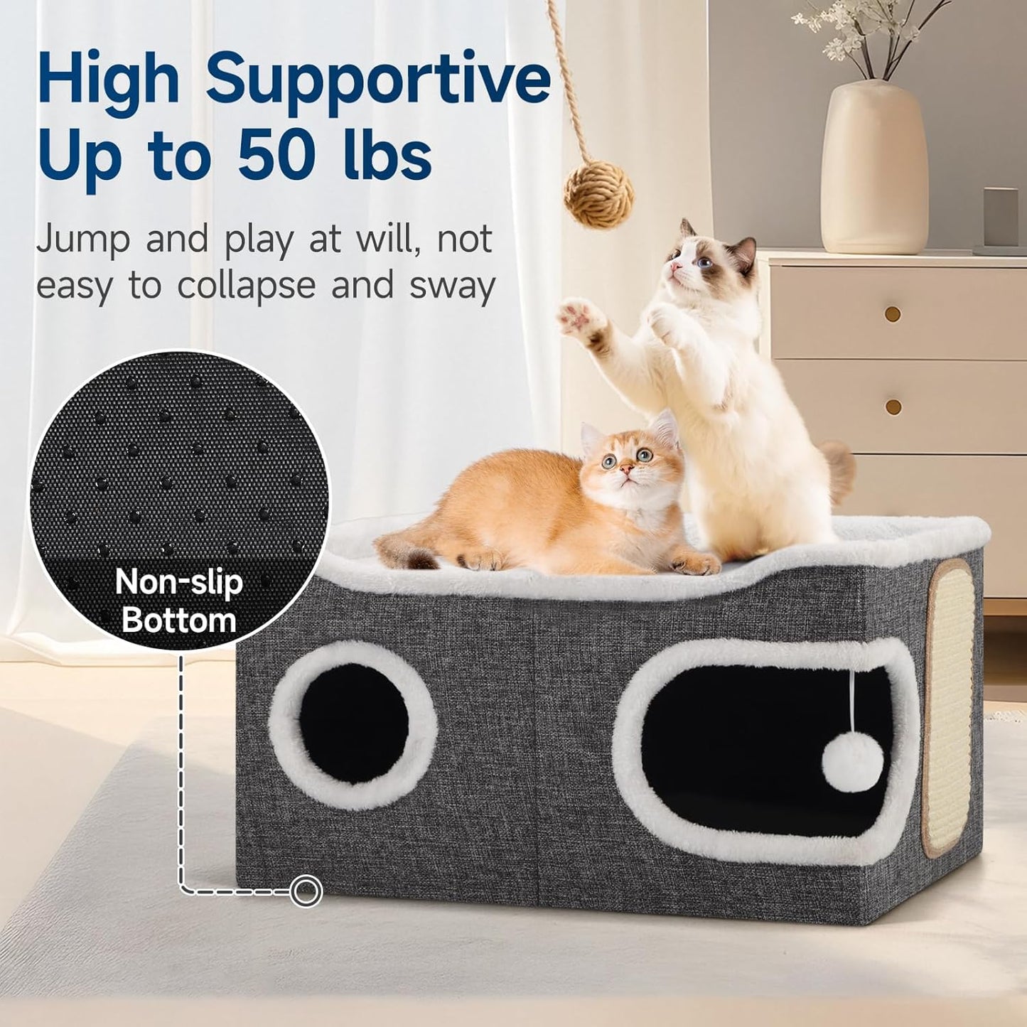 Cat Beds for Indoor Cats, Extra Wide Cat Cube House for Multi Cats, Foldable Cat Cave Hideaway with Arc-Edge Design & Oval Door, Double-Side Soft Cushion for All Seasons, 24"L x 17.7"D x 12.6"H, Grey