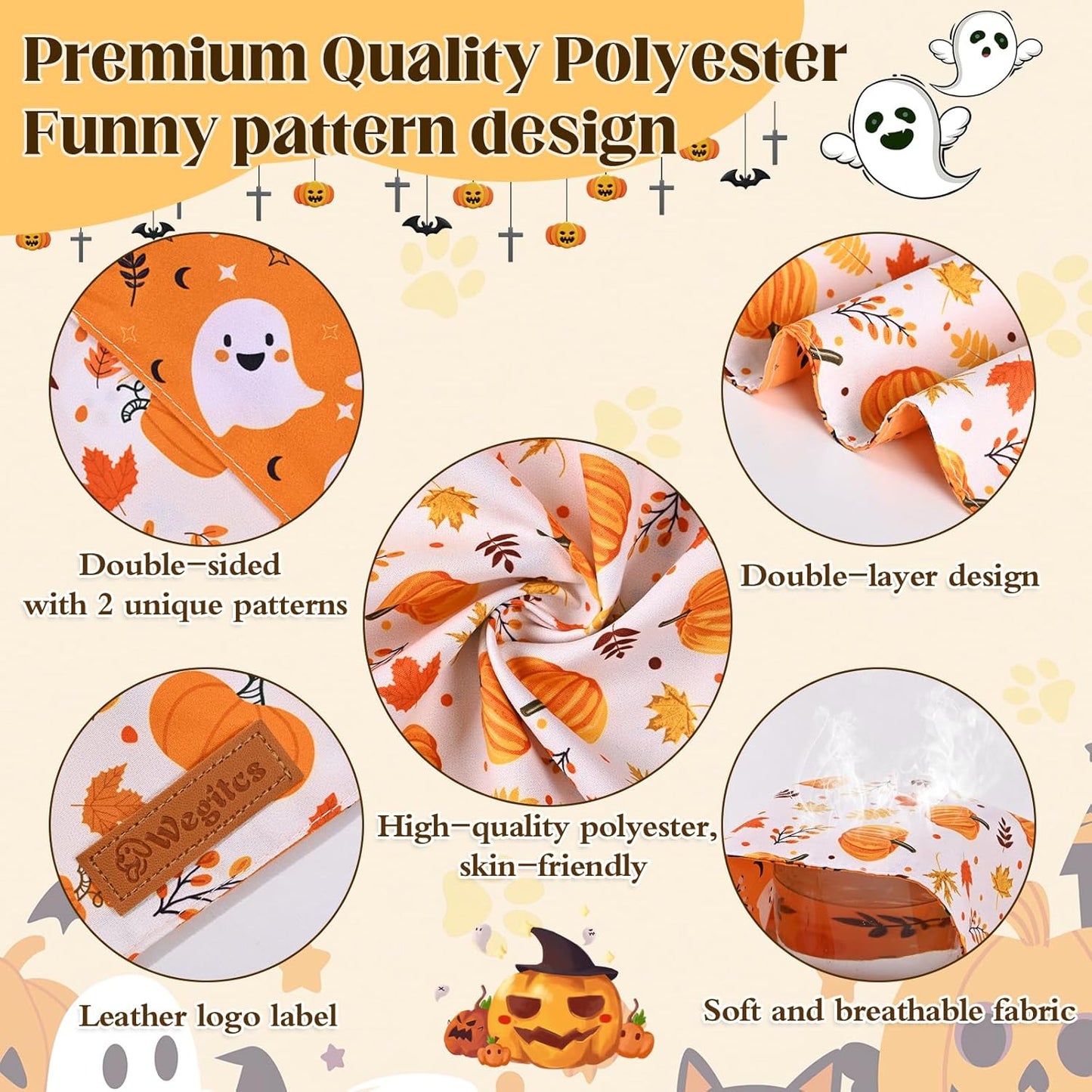 2 Pack Halloween Dog Bandanas,Leather Brand Logo, Double-Layed Soft Skin-Friendly Fabric, Autumn Scarf Accessory for Boys & Girls,Suitable for Halloween, Daily Walks & Family Outings