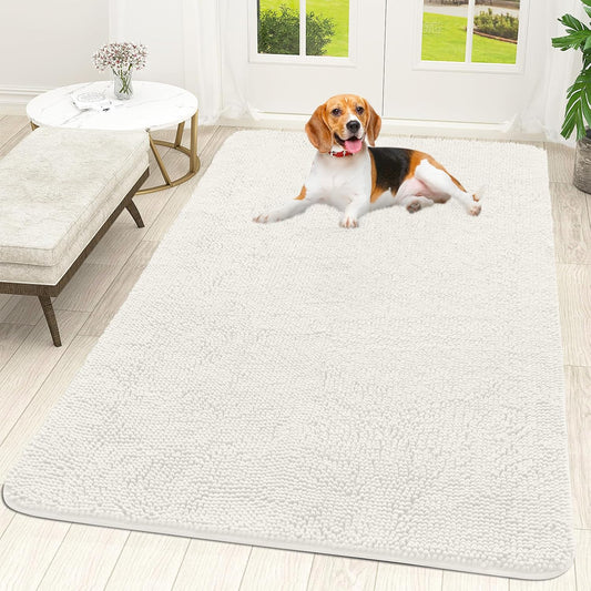 OLANLY Dog Door Mat for Muddy Paws 59x35, Absorbs Moisture and Dirt, Absorbent Non-Slip Washable Doormat, Quick Dry Chenille Mud Mat for Dogs, Entry Indoor Entryway Carpet for Inside Floor, Ivory