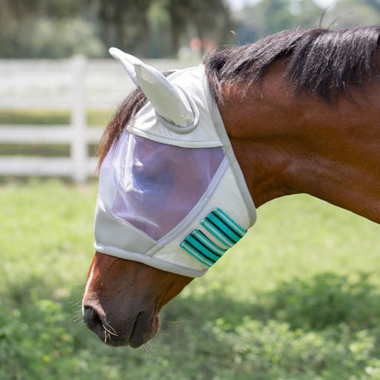 Equinavia Algard Soft Mesh Horse Fly Mask with Ear Protection and 45 UPF Rating | No Eye Irritation & UV Protection - Silver/Turquoise - Warmblood