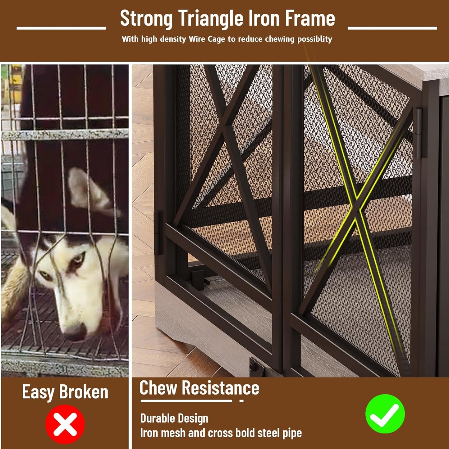 COZPAW Large Dog Crate Furniture - 48 inch Heavy Duty Dog Kennel Indoor for XLarge Breed with Double Doors, Wooden Dog Cage XL Modern Decorative End Table Pet House (Gray)