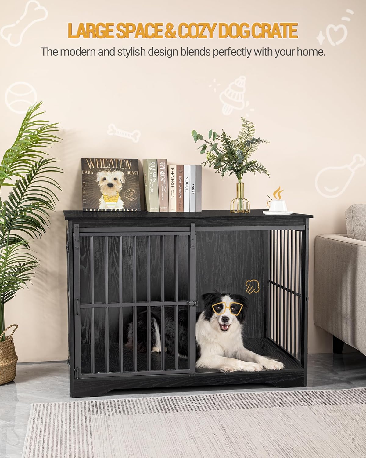 XL Large Dog Crate Furniture, 44.1" Indoor Dog Kennel Furniture with Barn Door, Wooden Tall Dog Crate, Heavy Duty Dog Cage for Large Dogs, Side End Table, Anti-Chew, Black DFC80104B