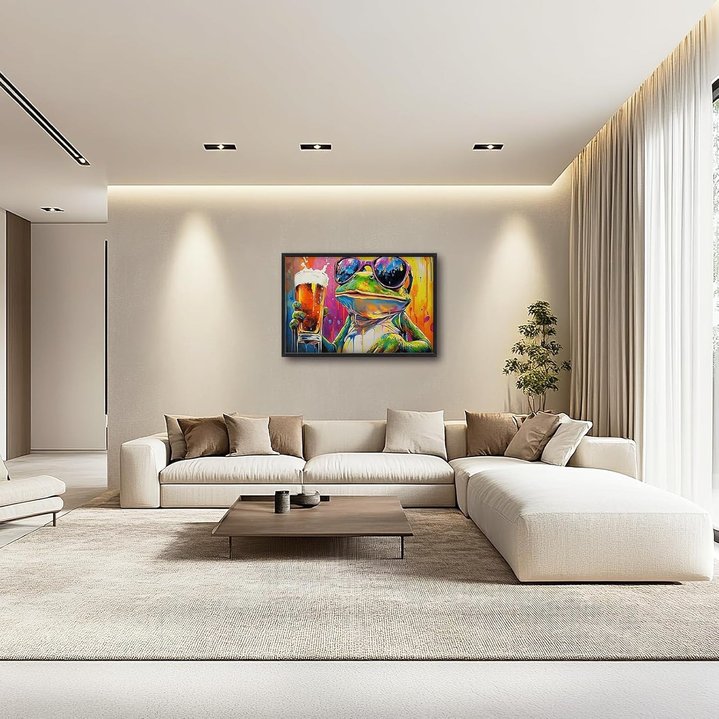 Large Graffiti Frog Wall Art for Living Room, Framed Oversized Funny Frog Beer Wall Decor Colorful Animal Canvas Painting Modern Artwork for Bathroom Bedroom Office Dining Room 36"x24"