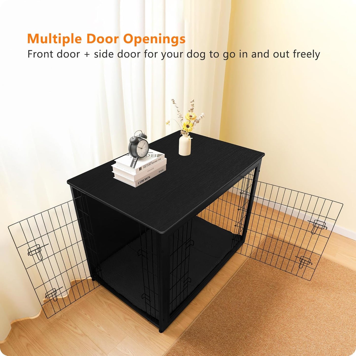 DWANTON Dog Crate Furniture with Cushion, Wooden Kennel Table with Double Doors, Indoor Dog House, Extra Large Size, 43.3" L, Black