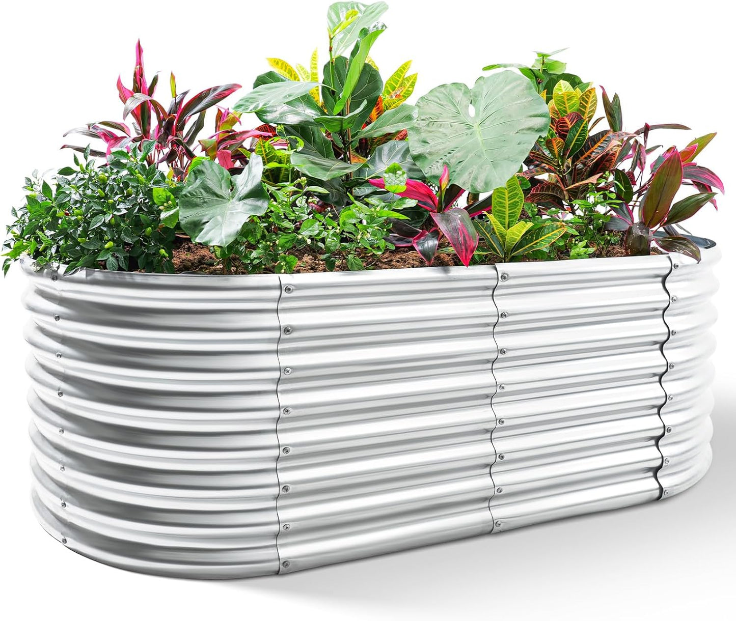 Land Guard Galvanized Raised Garden Bed, 8x4x2ft Planter Boxes Outdoor, Oval Larger Metal Planter Boxes for Vegetables, Fruits, Flowers (Silver)