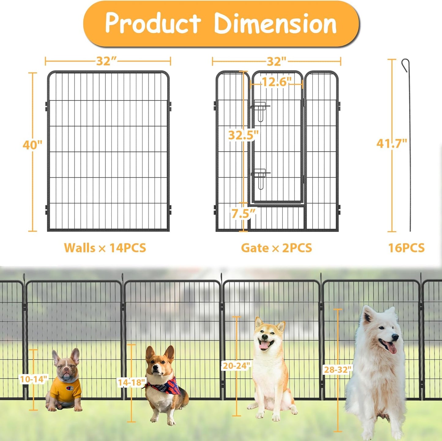 Dog Playpen, Outdoor Dog Fence, 16 Panels, 40" H Dog Pen for Medium/Small Dogs, Heavy Duty Metal Pet Fence with Gate, Portable Dog Fence for RV Camping and Yard (Black)