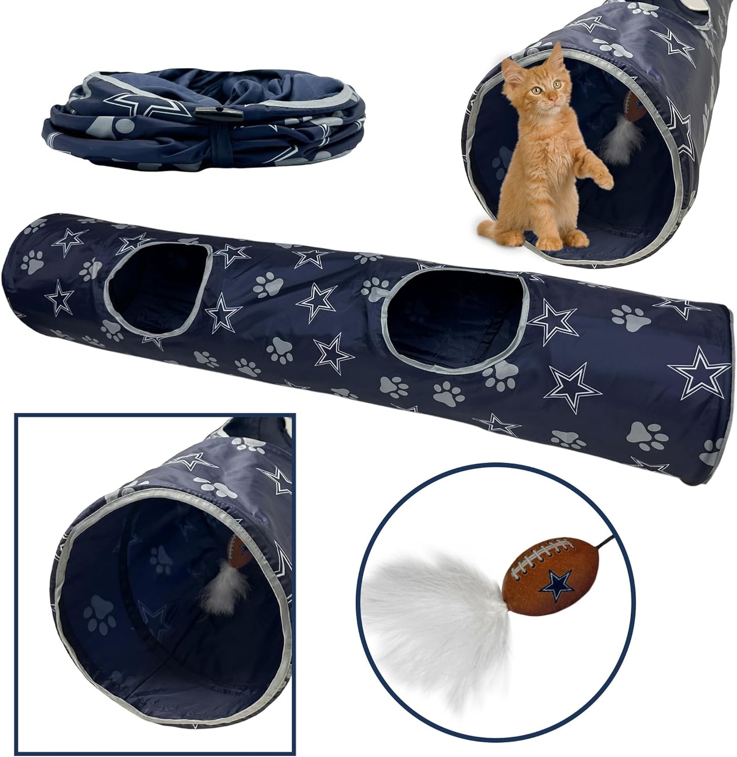 NFL Dallas Cowboys Cat Tunnel Tube Toy with Plush Football Catnip and Feathers Collapsible Tunnel for Cats to Play, Peek and Hide, Sporty & Fun Cat Tunnel Toy with Team Logo All-Over Design!