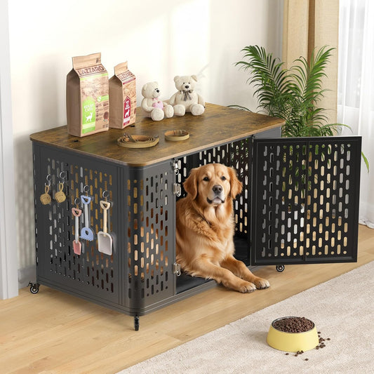 Heavy Duty Dog Crate Furniture for Large and Medium Dogs, 43.7 Inch Large Dog Crate Kennel with Flip Top & Cushion & Wheels, Escape Proof Pet Cage for High Anxiety Dogs
