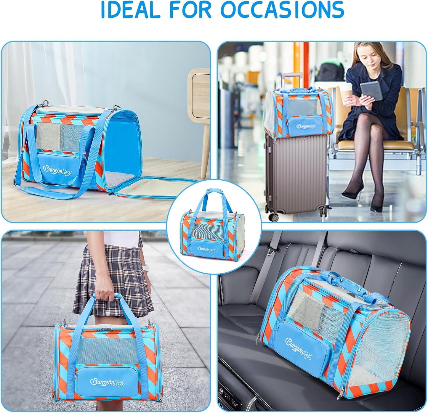 BurgeonNest Cat Carrier, Dog Cat Carriers for Large Medium Cats Under 20 lbs, Soft Sided Pet Carrier, Collapsible Travel Carry Puppy Kitten Cat Carrier with Big Side Bag (Medium, Blue-Orange)
