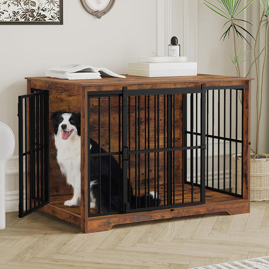 XL Large Dog Crate Furniture, 44.1" Indoor Dog Kennel Furniture with Barn Door, Wooden Tall Dog Crate, Heavy Duty Dog Cage for Large Dogs, Side End Table, Anti-Chew, Rustic Brown DFC80101B