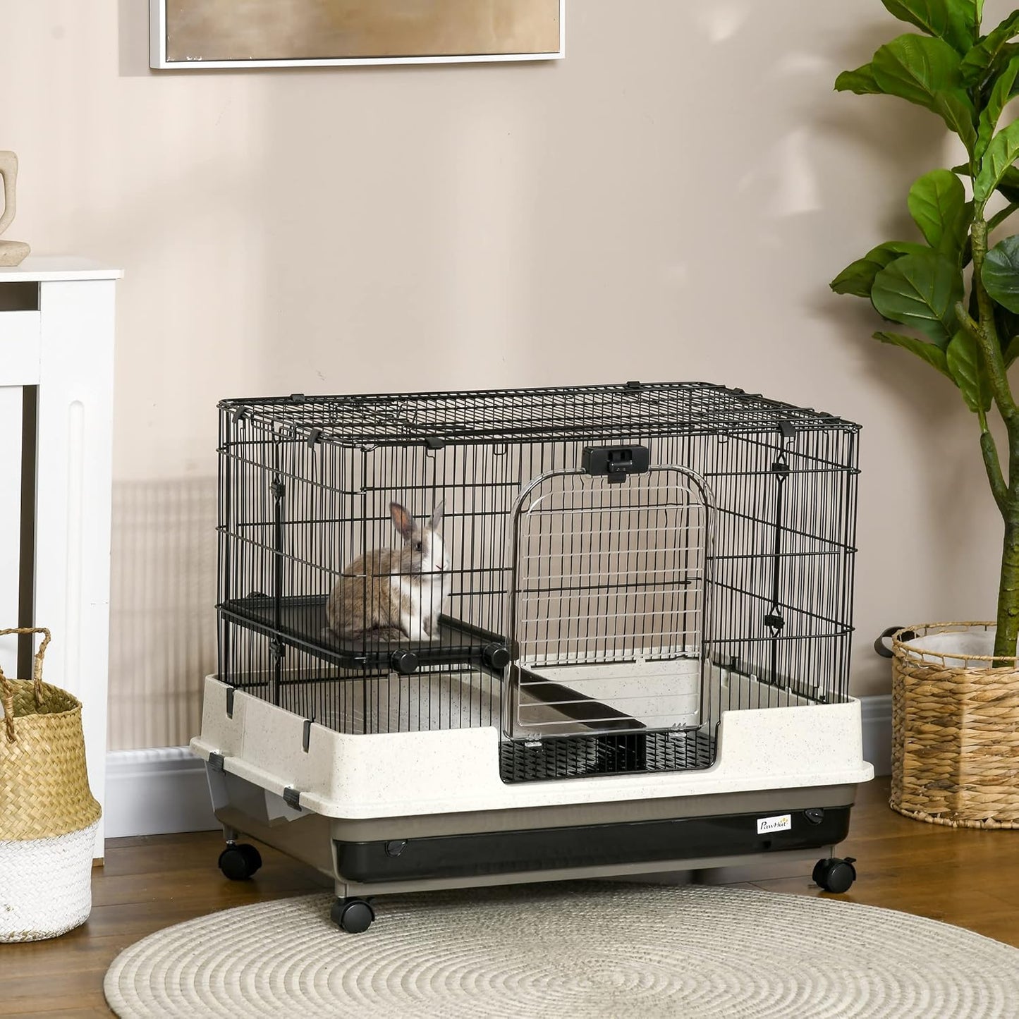 PawHut 26" Small Animal Cage with Wheels, 2-Level Portable Bunny Cage, Chinchilla Ferret Cage with Removable Tray, Platform and Ramp