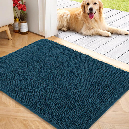 OLANLY Dog Door Mat for Muddy Paws 40x32, Absorbs Moisture and Dirt, Absorbent Non-Slip Washable Doormat, Quick Dry Chenille Mud Mat, Entry Indoor Entryway Carpet for Inside Floor, Atlantic Blue