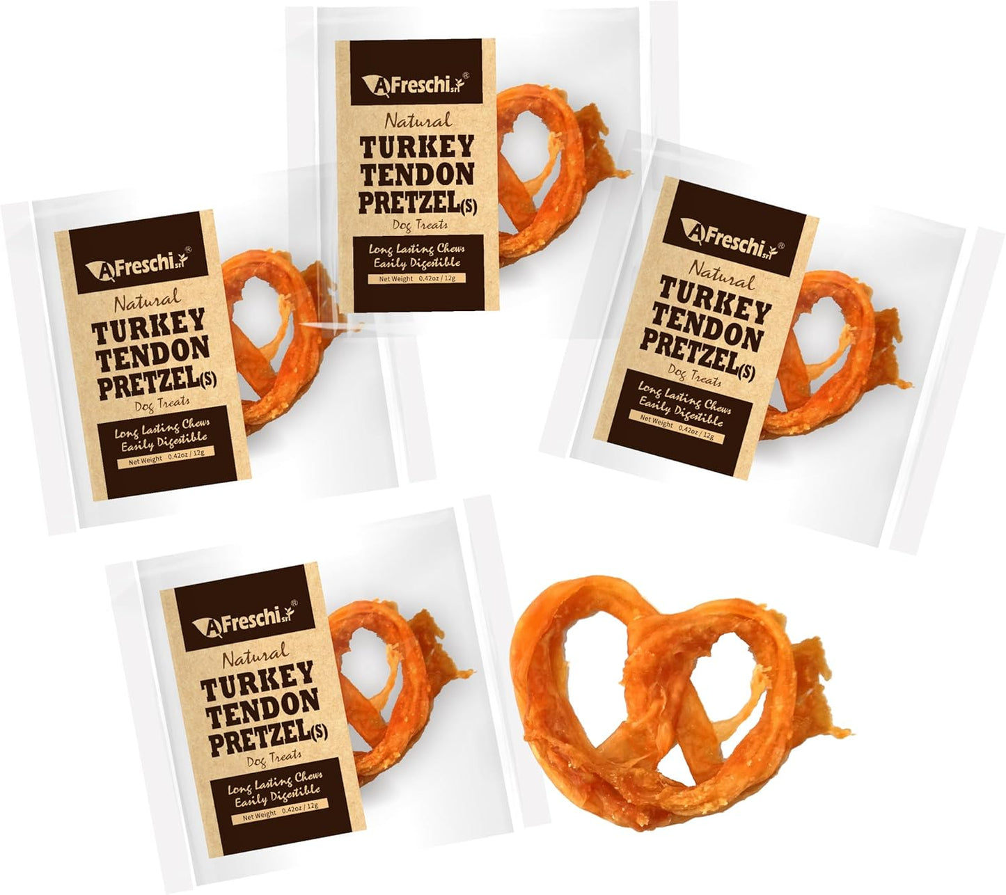 Afreschi Natural Turkey Tendon Pretzel (S) Pack of 4, Dog Treats for Signature Series, All Natural Human Grade Puppy Chew, USA-Sourced Turkey Tendon, Hypoallergenic, Rawhide Alternative