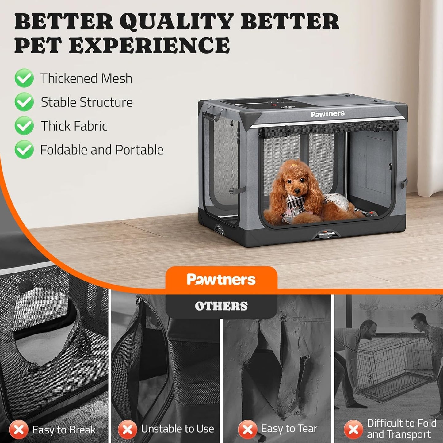 Collapsible Dog Crate: 26 Inch Foldable Soft Sided Dog Crate for Small Dogs, Portable Dog Travel Kennel with Soft Mat for Indoors & Outdoors, Grey (26" L x 18" W x 18" H)