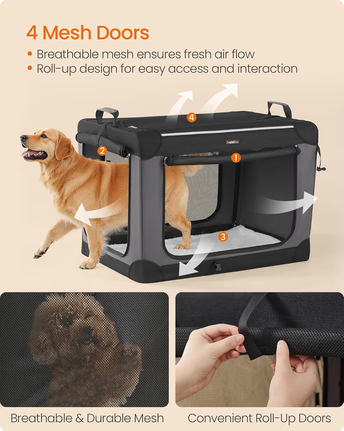 Feandrea Collapsible Dog Crate, 36-Inch Portable Dog Travel Crate for Large Dogs, Oxford Fabric Pet Carrier with 4 Mesh Doors, Handles, Storage Pocket, Water Bottle Holder, Ink Black UPDC019B01
